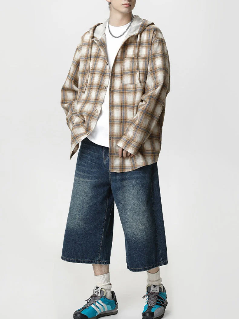 Color-blocked Plaid Hooded Shirt - Image 5