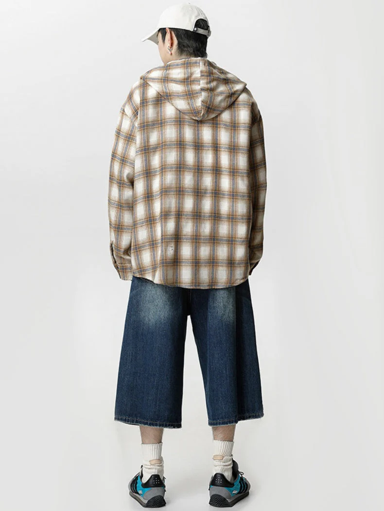 Color-blocked Plaid Hooded Shirt - Image 6