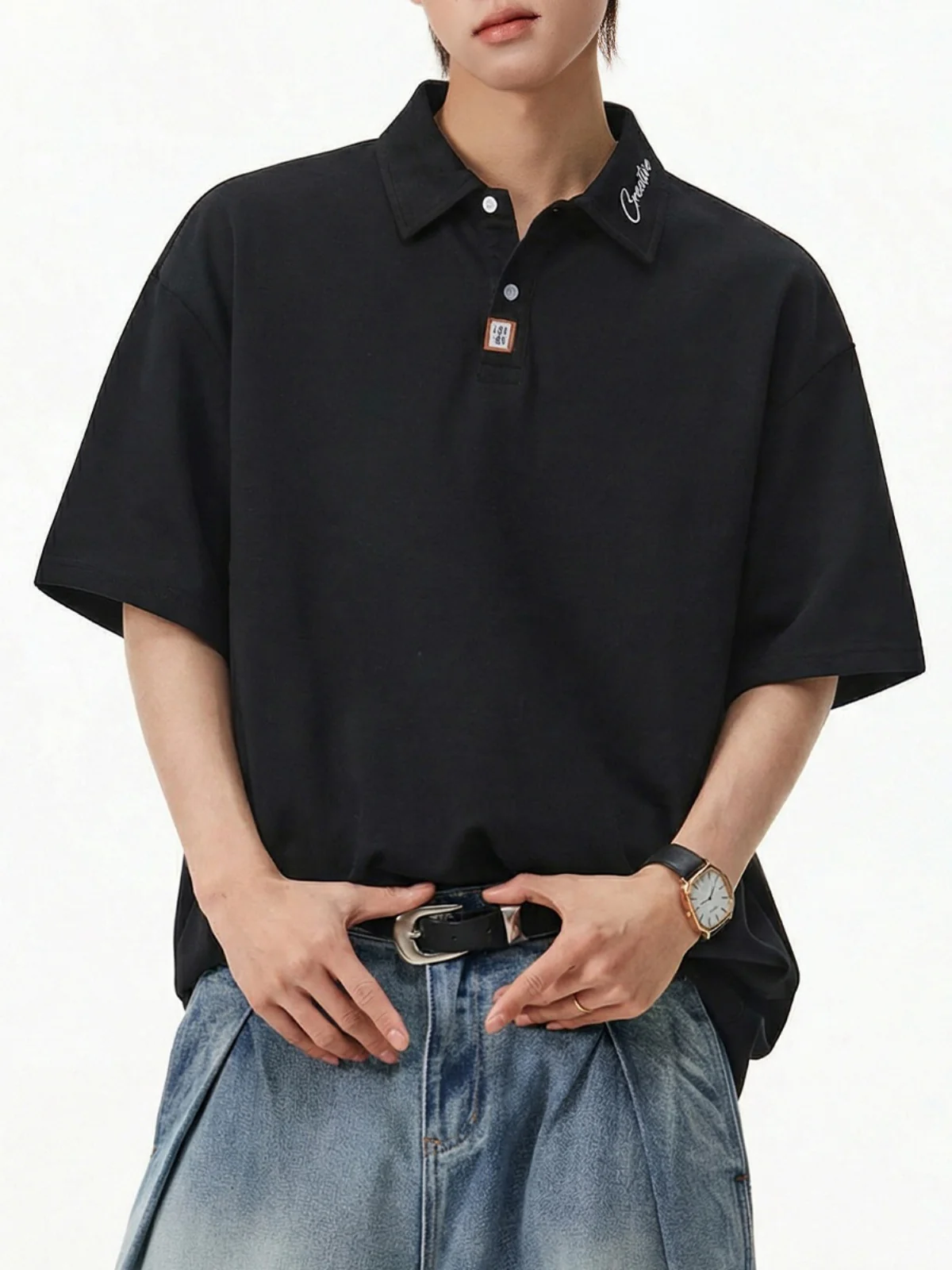 Color-blocked Applique Breathable Polo Shirt - Image 2