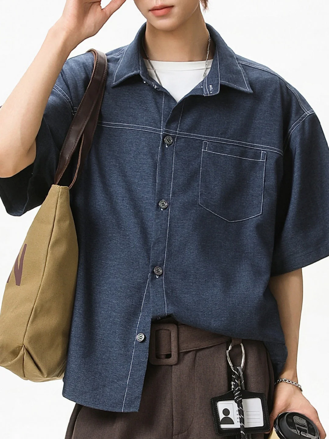 Color-blocked Faux Denim Shirts - Image 4
