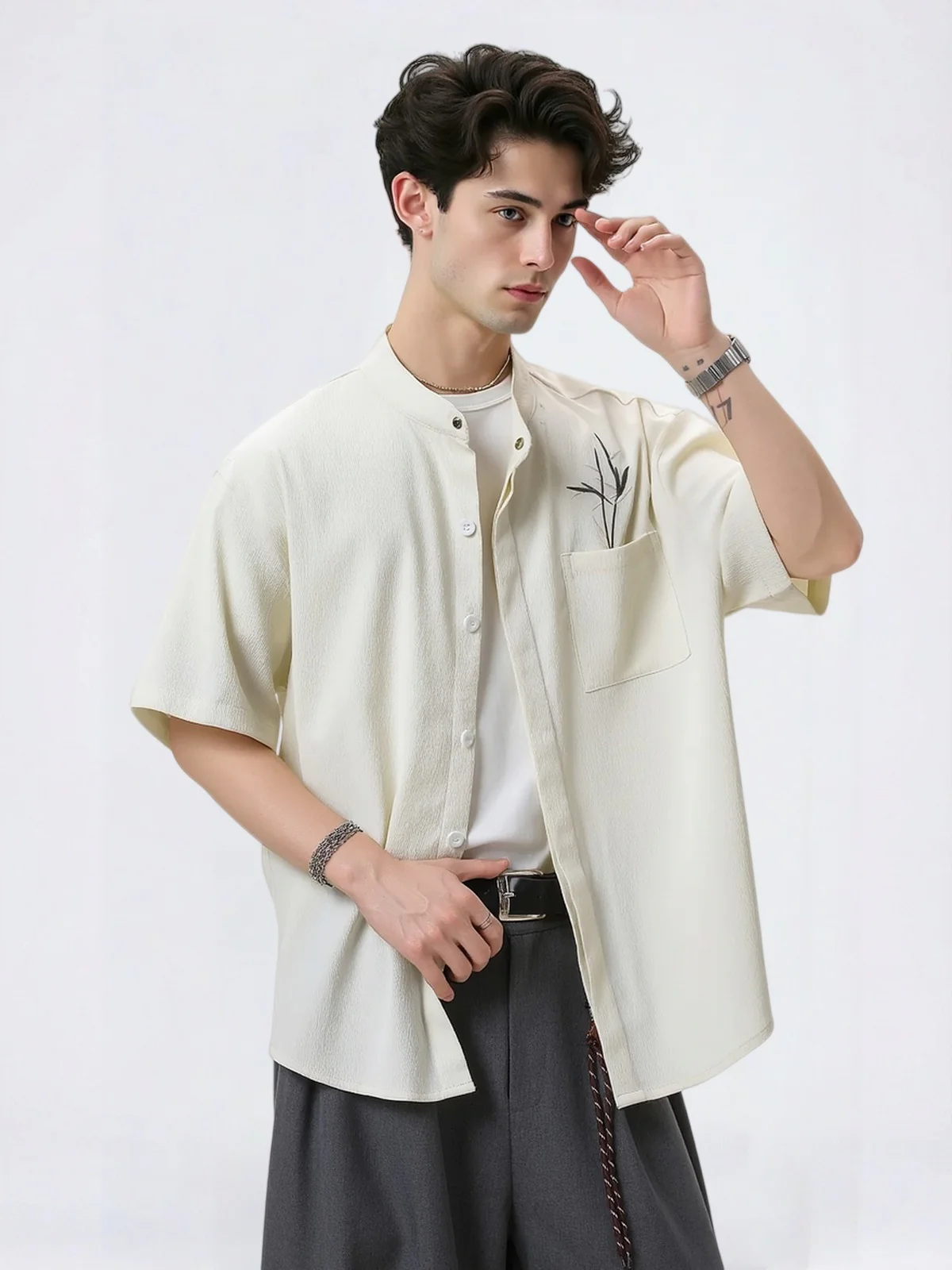 New Chinese Style Breathable Bamboo Leaves Embroidery Shirts