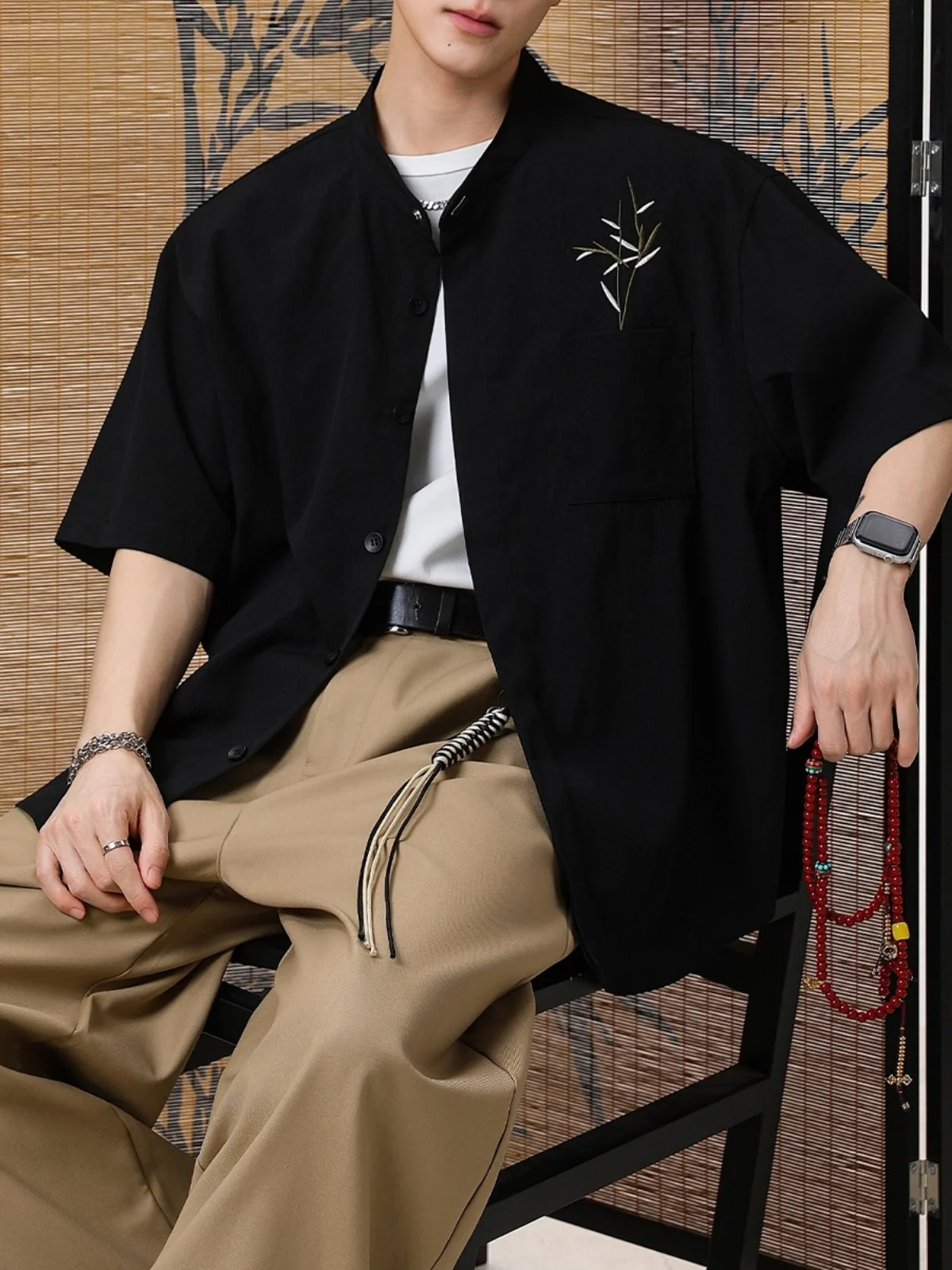 New Chinese Style Breathable Bamboo Leaves Embroidery Shirts - Image 5