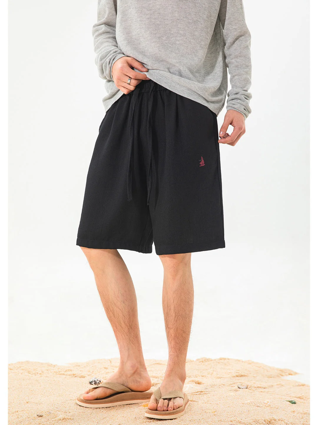 Imitation Linen Lightweight Color-blocked Embroidery Loose-fit Five Points Shorts - Image 6