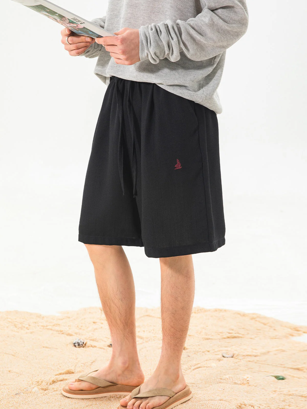 Imitation Linen Lightweight Color-blocked Embroidery Loose-fit Five Points Shorts - Image 7