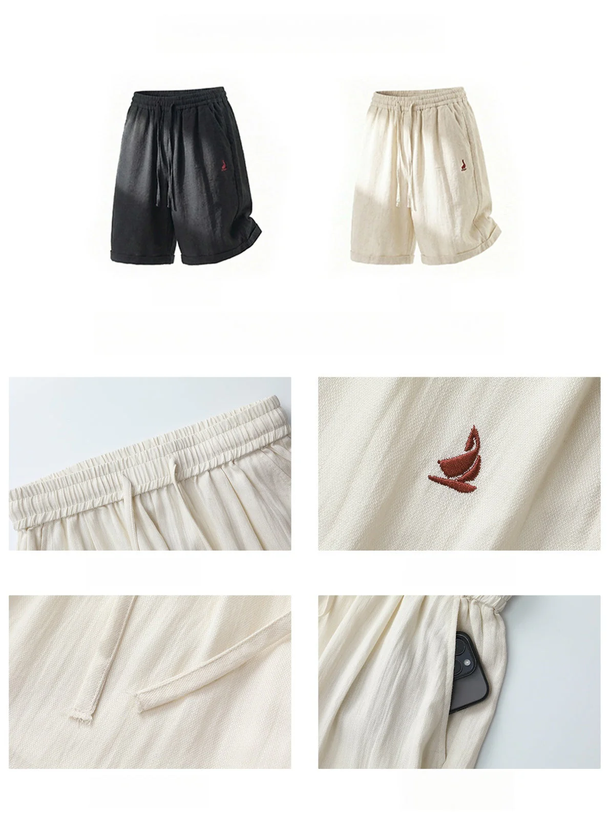 Imitation Linen Lightweight Color-blocked Embroidery Loose-fit Five Points Shorts - Image 9