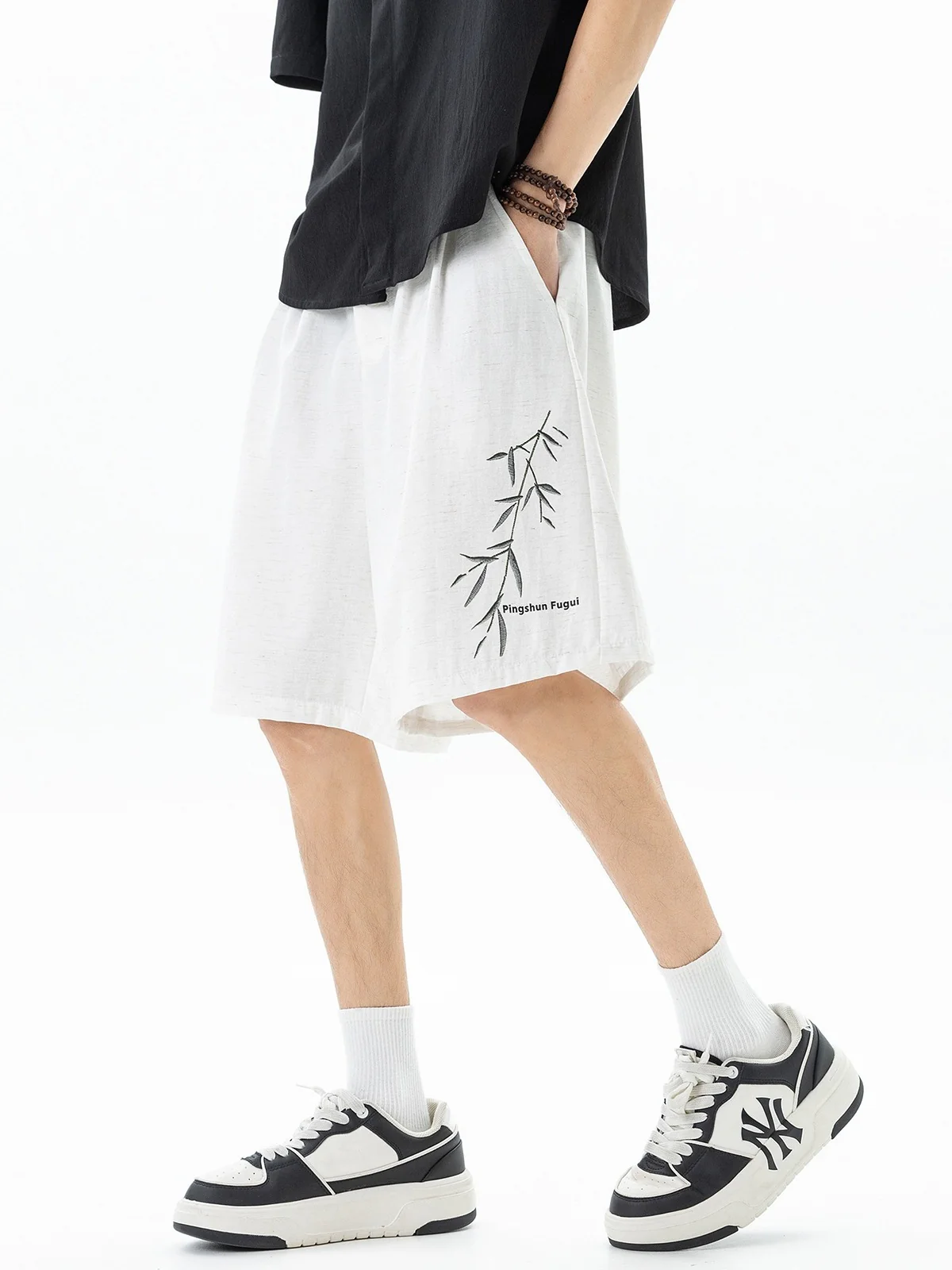 Imitation Linen Texture Printed New Chinese Style Five Points Shorts - Image 2
