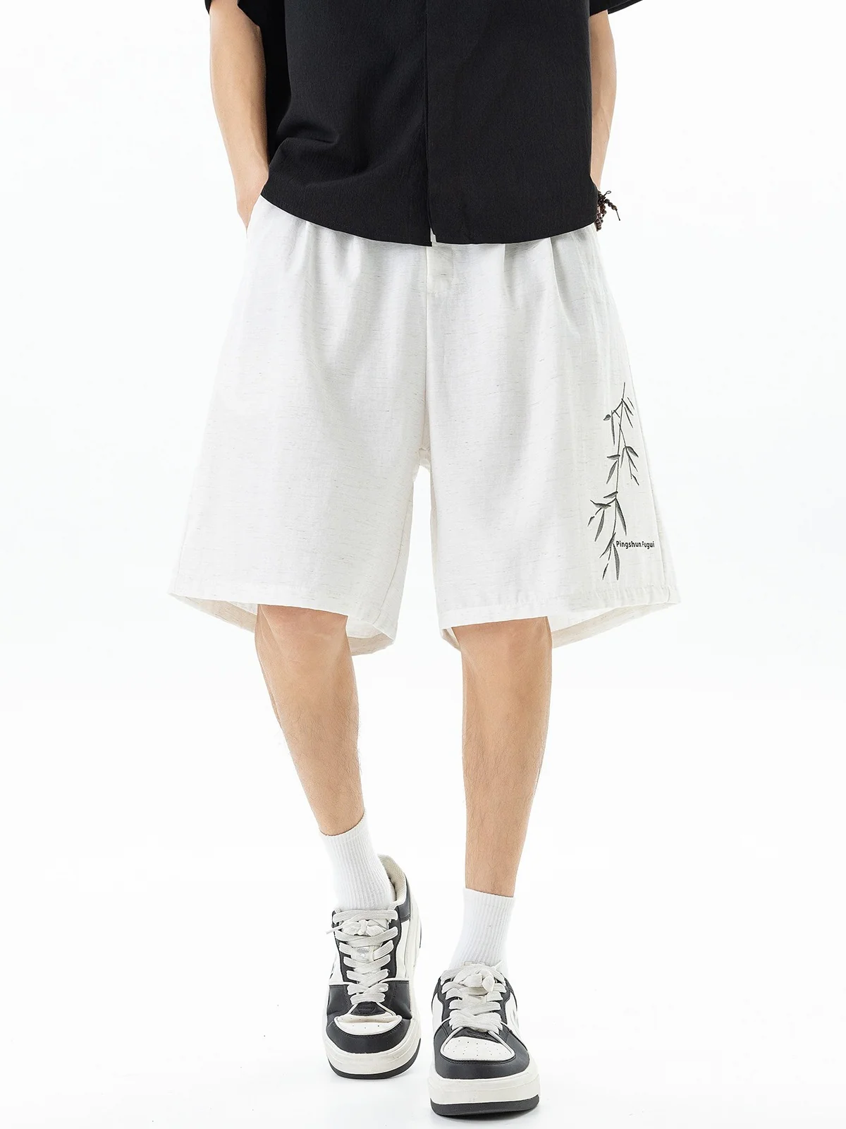 Imitation Linen Texture Printed New Chinese Style Five Points Shorts - Image 3