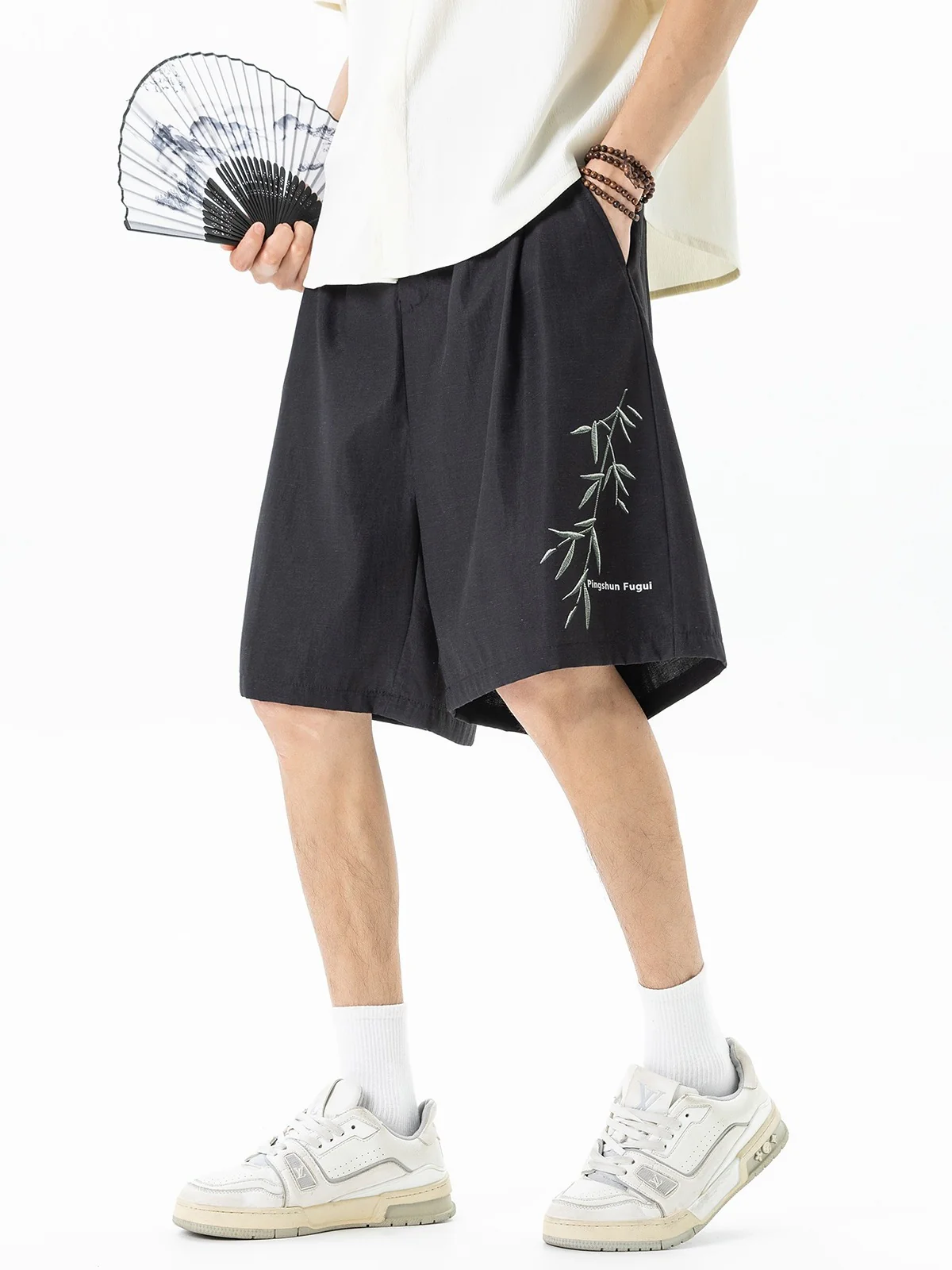 Imitation Linen Texture Printed New Chinese Style Five Points Shorts - Image 5