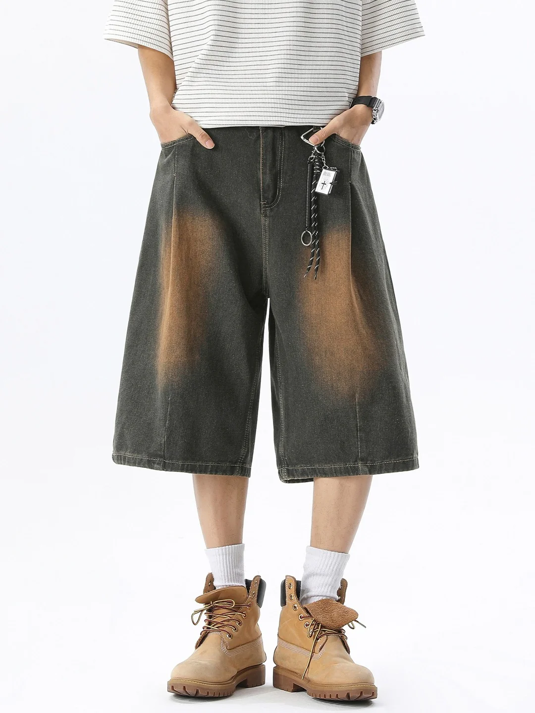 Distressed Washed Gathering 7 Points Denim Shorts