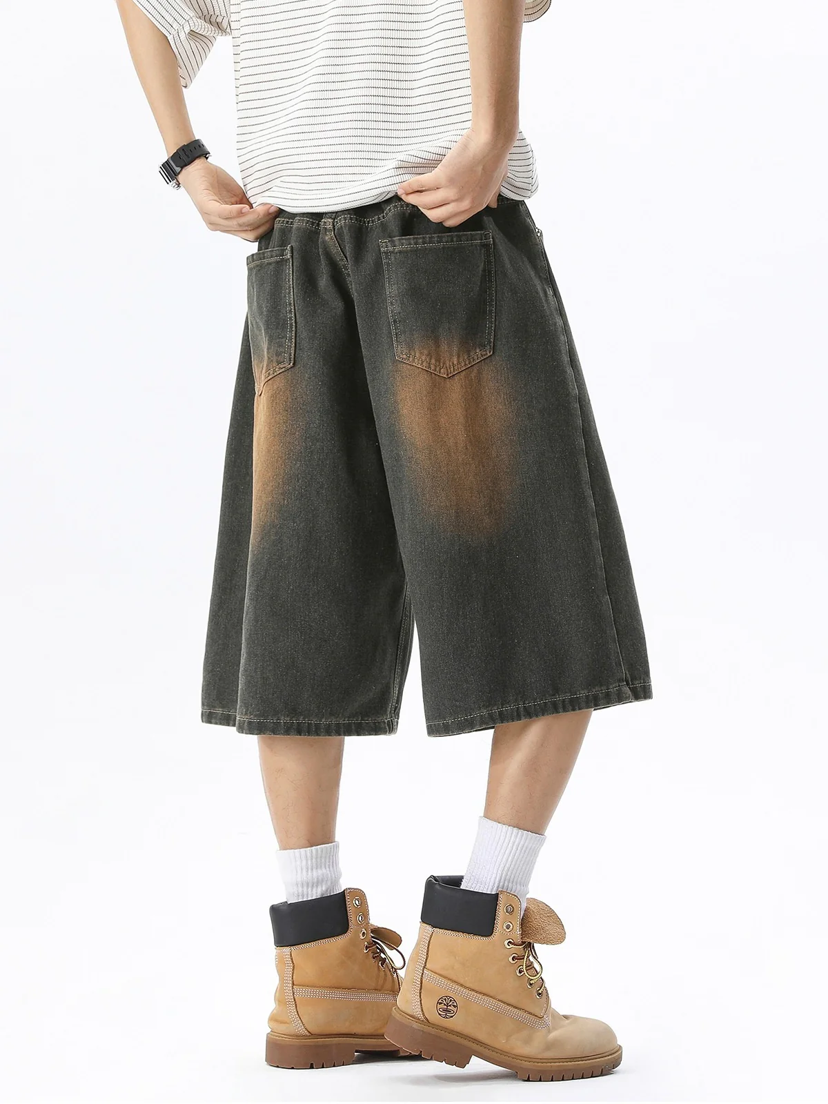 Distressed Washed Gathering 7 Points Denim Shorts - Image 3