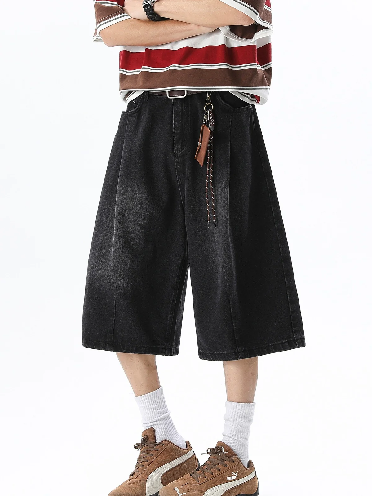Distressed Washed Gathering 7 Points Denim Shorts - Image 5