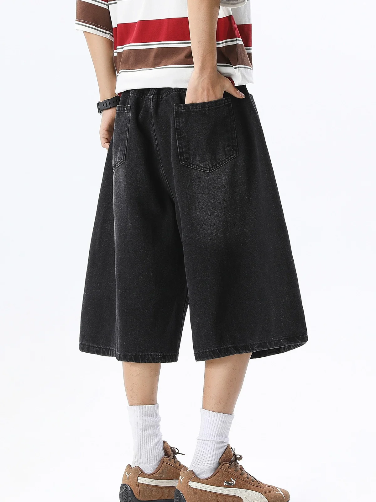 Distressed Washed Gathering 7 Points Denim Shorts - Image 6