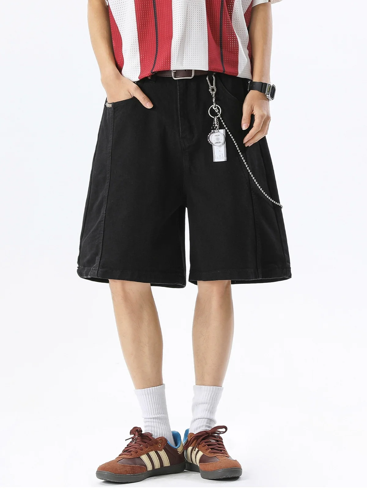 Washed Patchwork Five Points Denim Shorts - Image 5