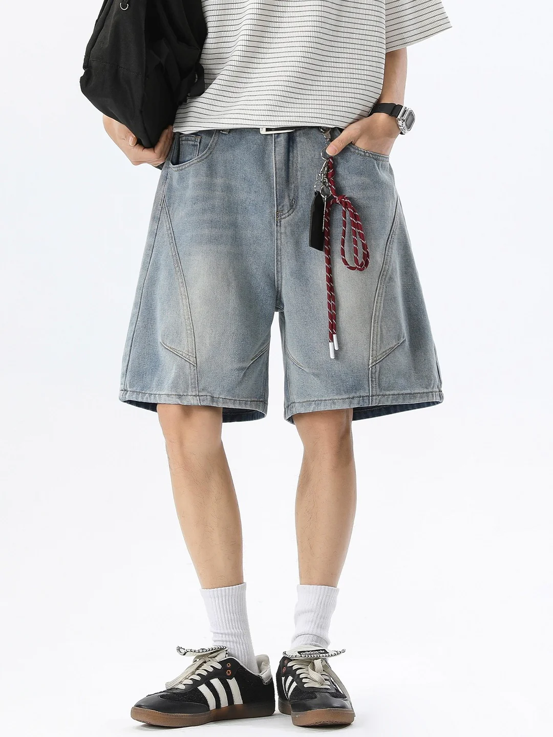 Distressed Washed Five Points Denim Shorts - Image 2