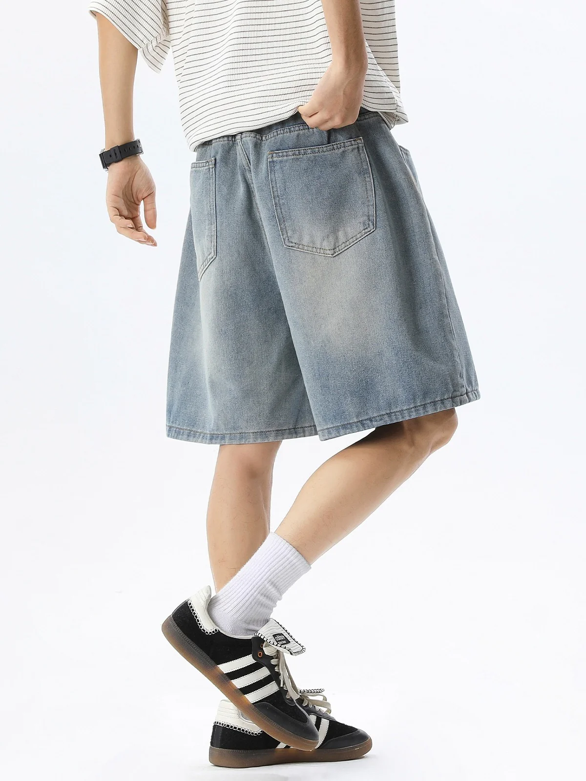 Distressed Washed Five Points Denim Shorts - Image 3