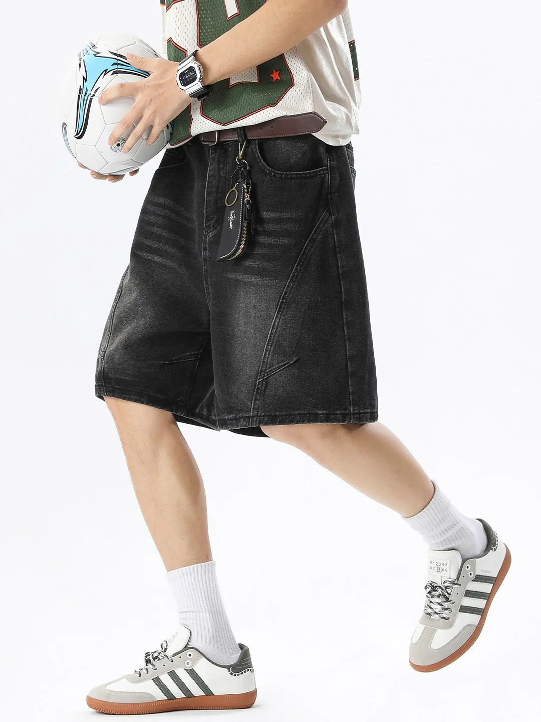 Distressed Washed Five Points Denim Shorts - Image 5