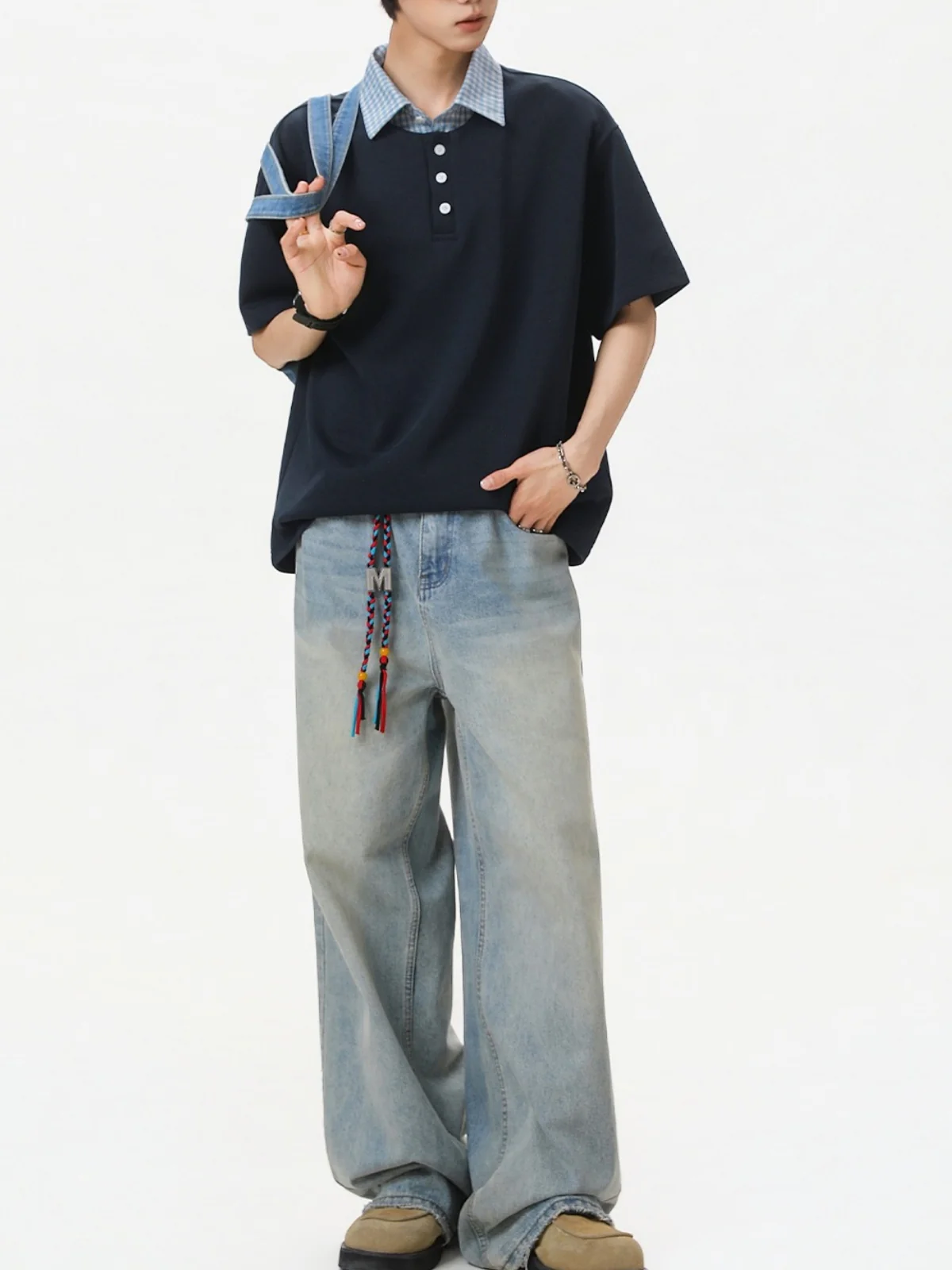 College Style Layered-look Color-blocked Plaid Polo Shirt - Image 10