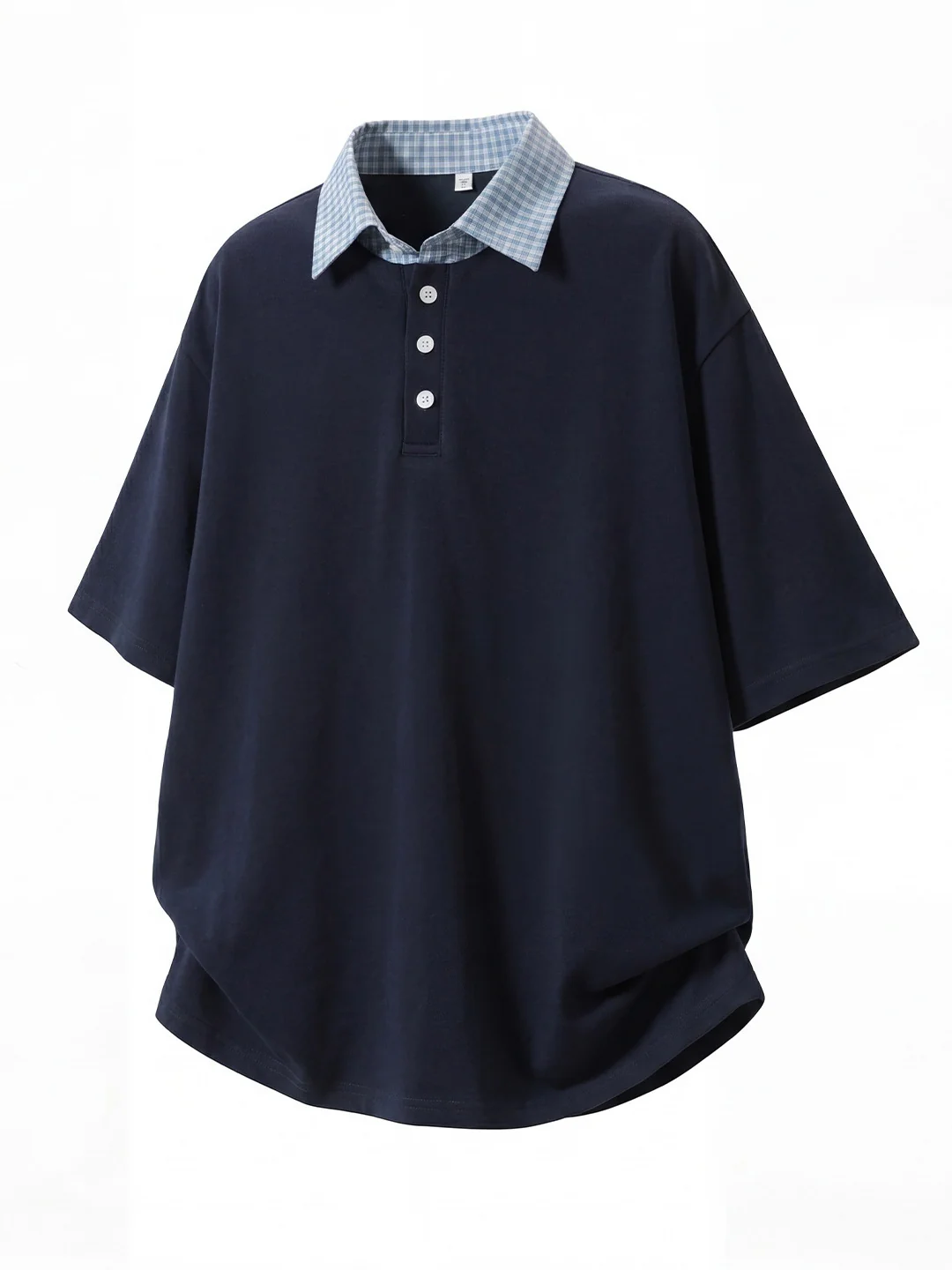 College Style Layered-look Color-blocked Plaid Polo Shirt - Image 11