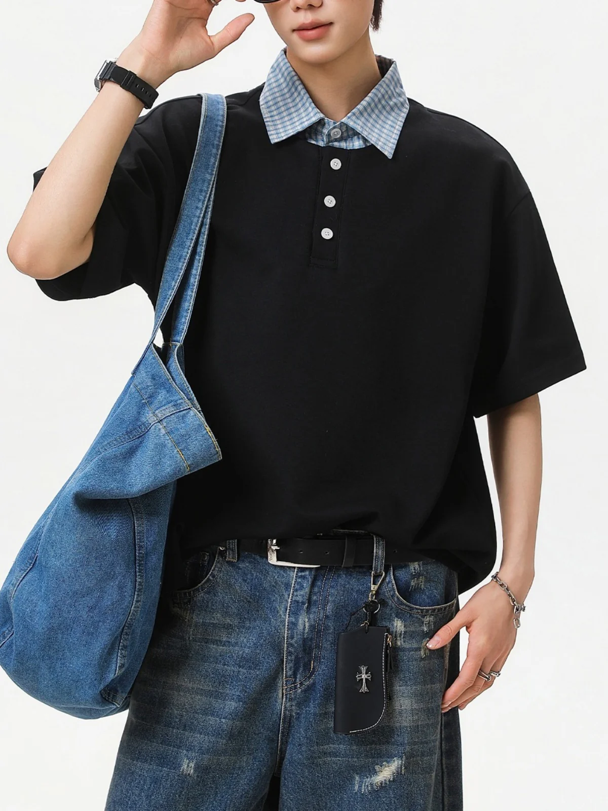 College Style Layered-look Color-blocked Plaid Polo Shirt - Image 2