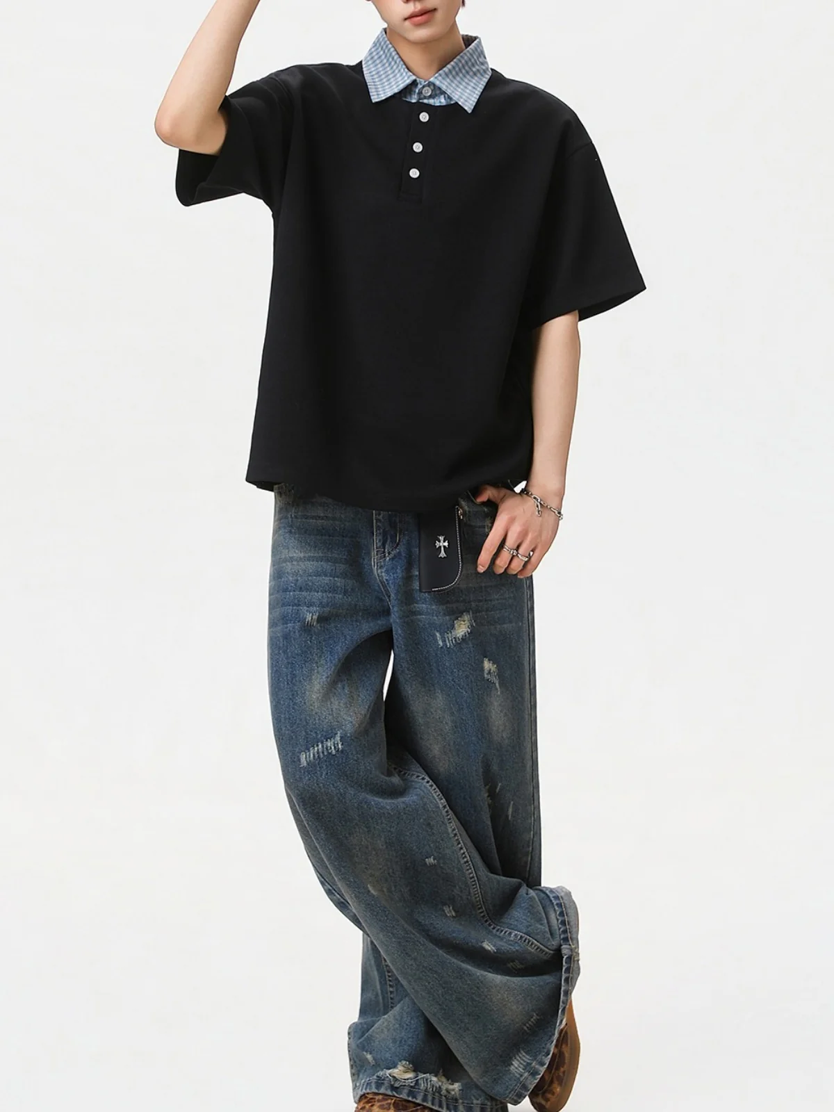 College Style Layered-look Color-blocked Plaid Polo Shirt - Image 3