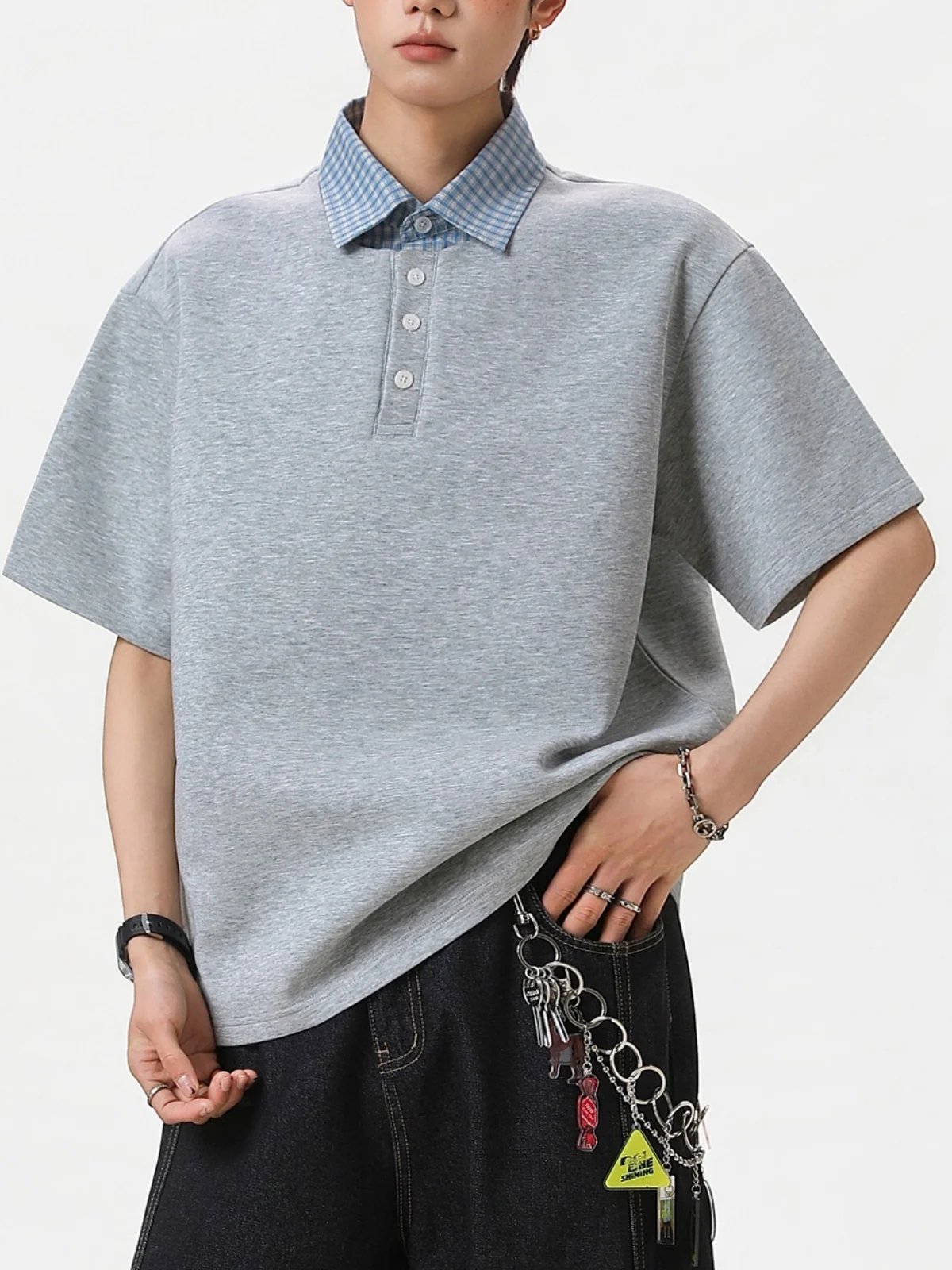 College Style Layered-look Color-blocked Plaid Polo Shirt - Image 5