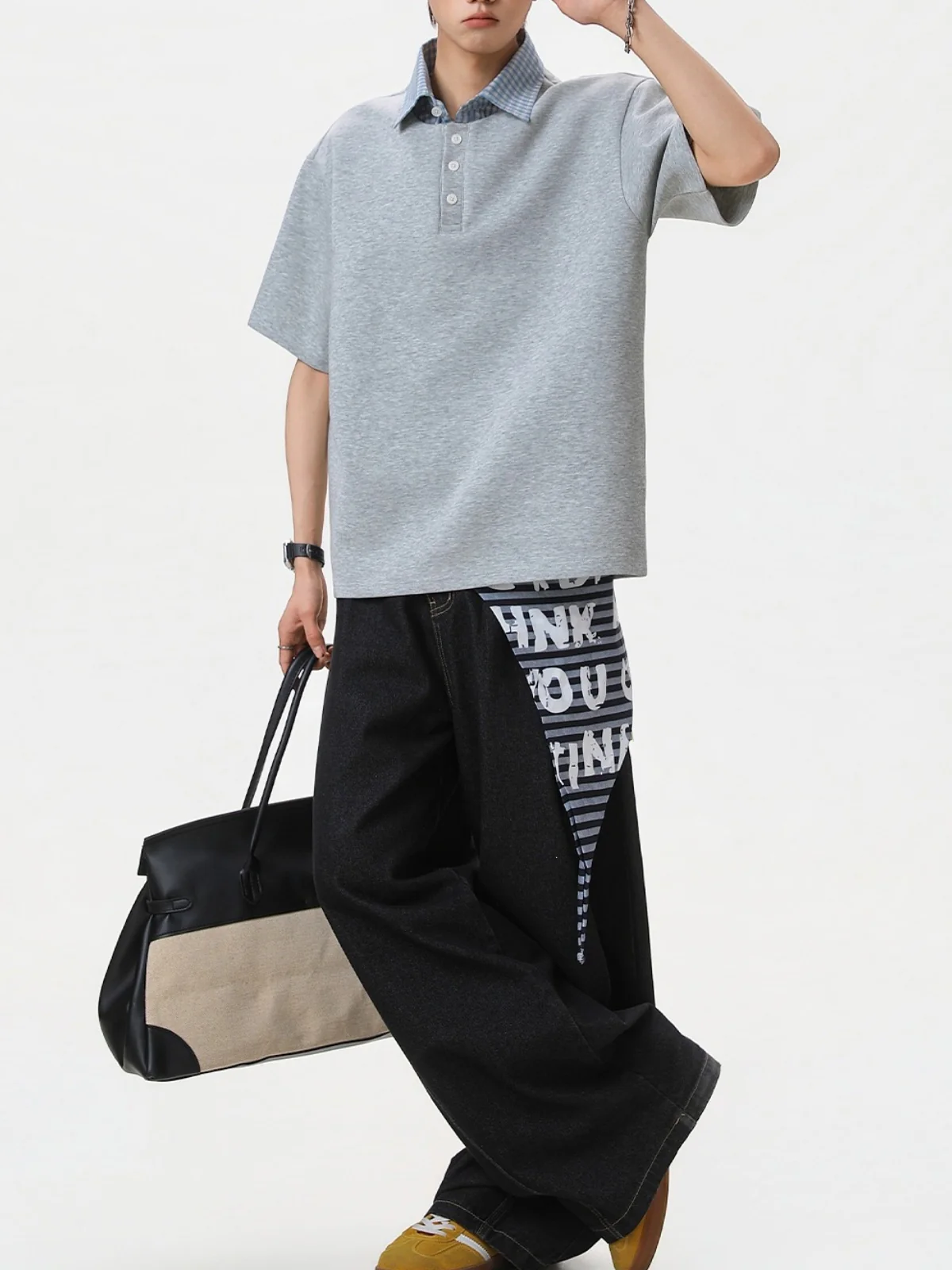 College Style Layered-look Color-blocked Plaid Polo Shirt - Image 6