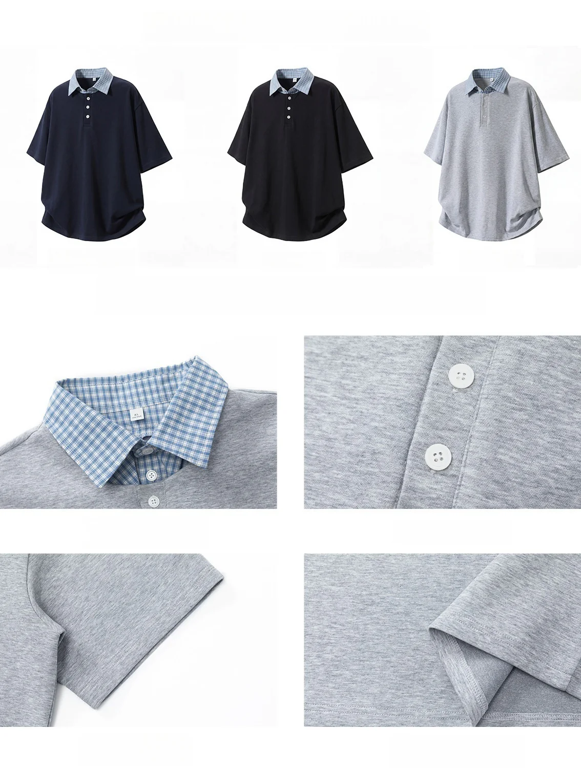 College Style Layered-look Color-blocked Plaid Polo Shirt - Image 8