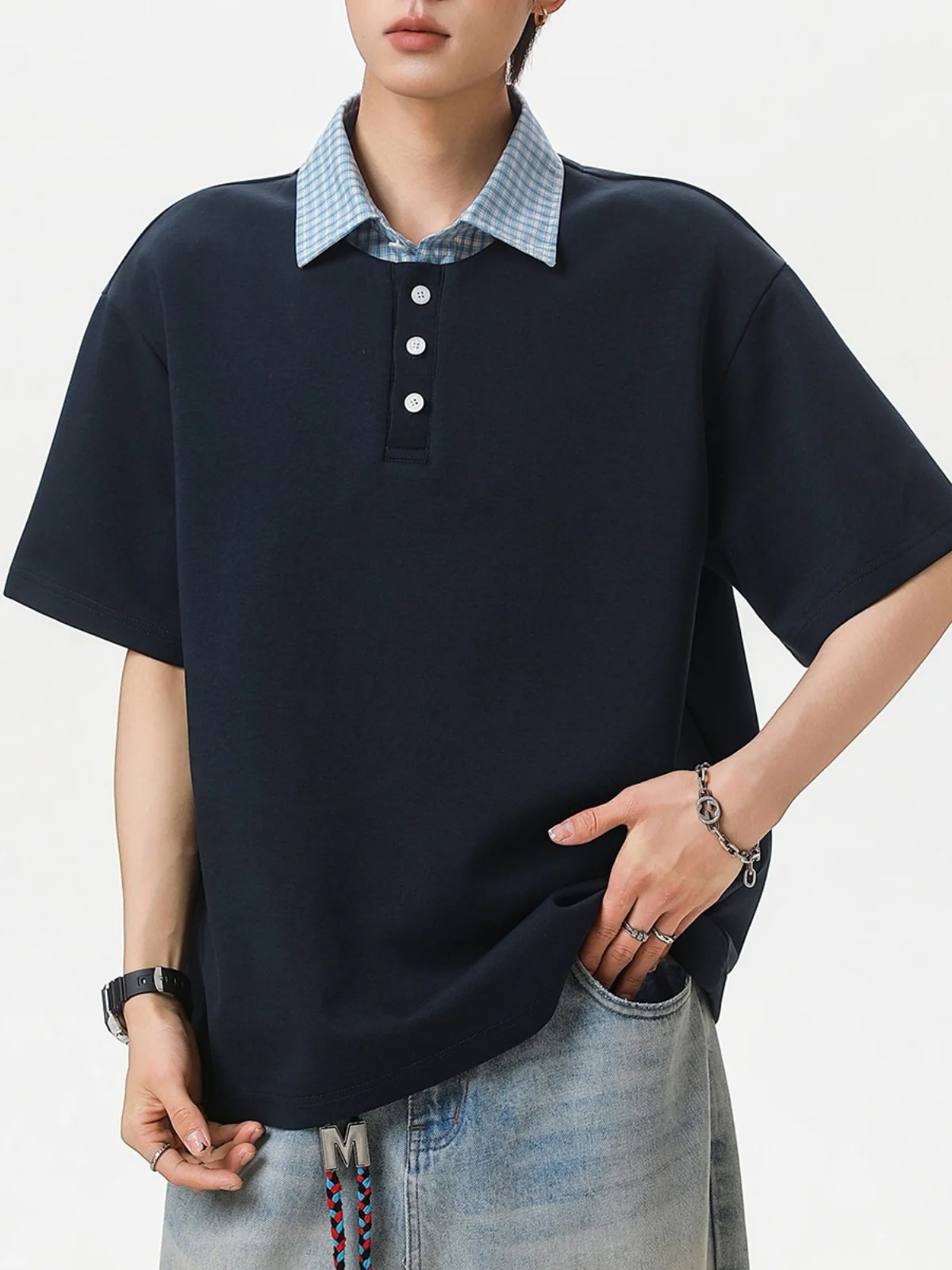 College Style Layered-look Color-blocked Plaid Polo Shirt - Image 9