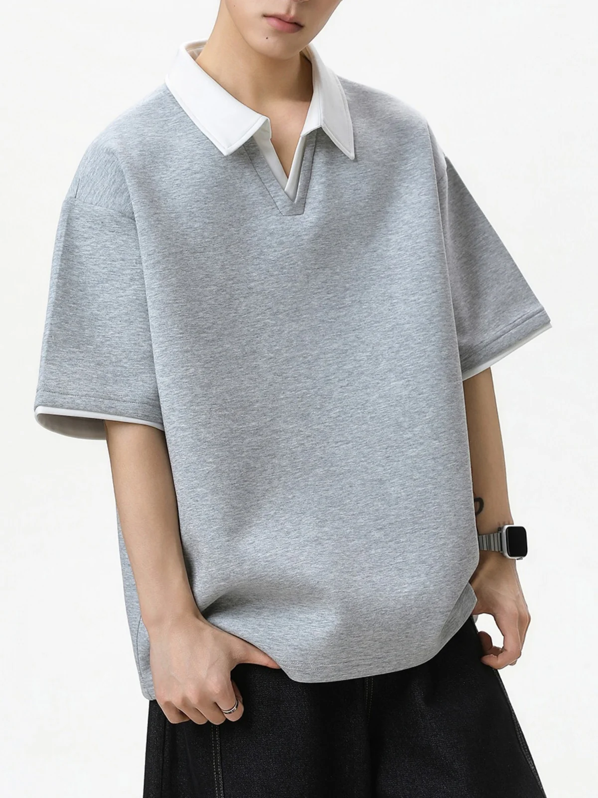 Layered-look Color-blocked Seagull Collar Polo Shirt - Image 2