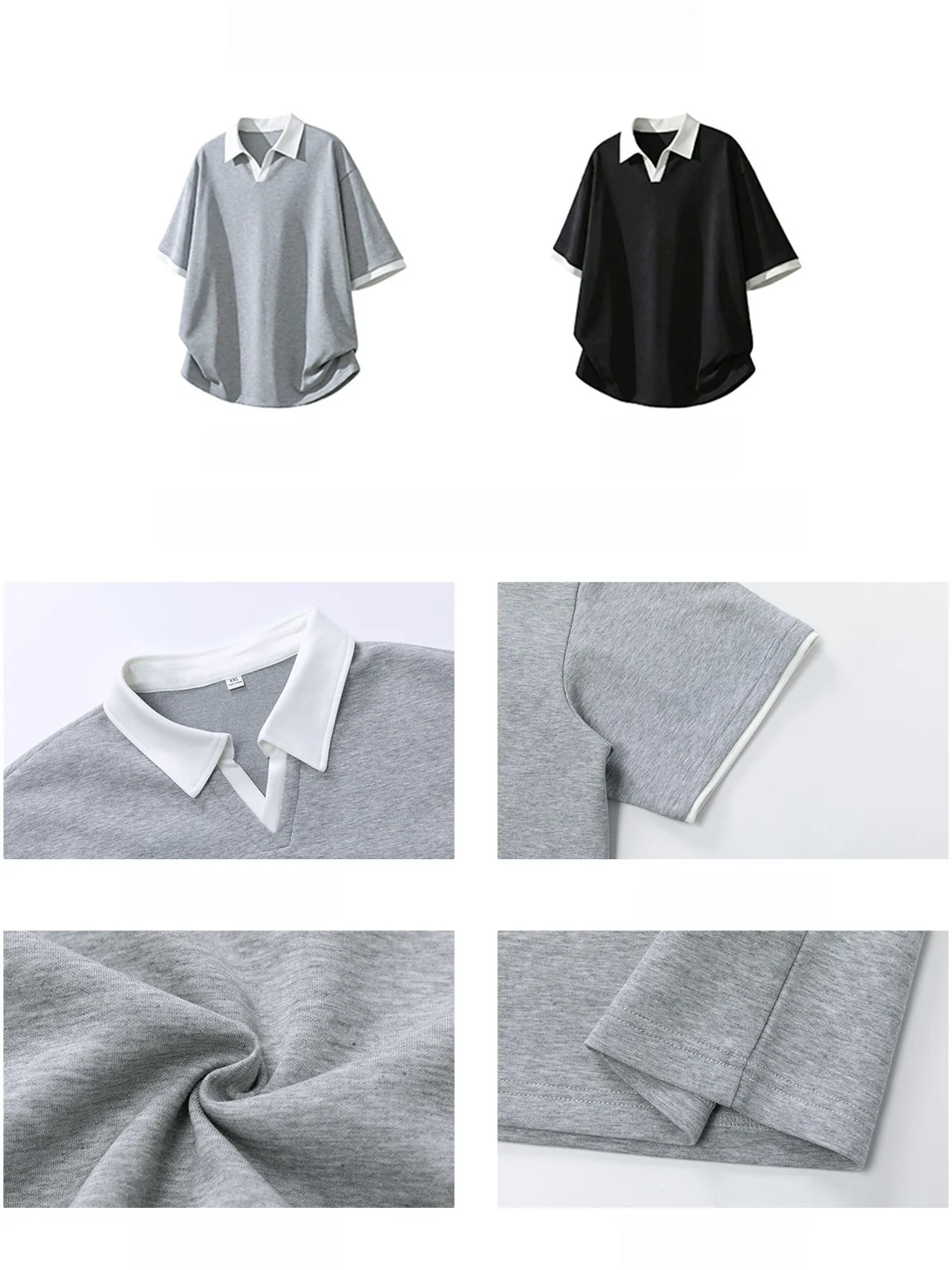 Layered-look Color-blocked Seagull Collar Polo Shirt - Image 5