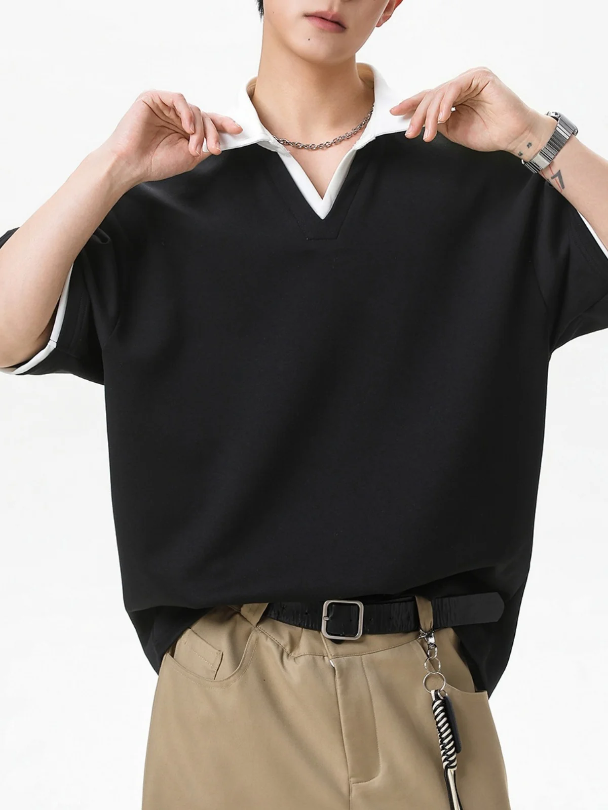 Layered-look Color-blocked Seagull Collar Polo Shirt - Image 6
