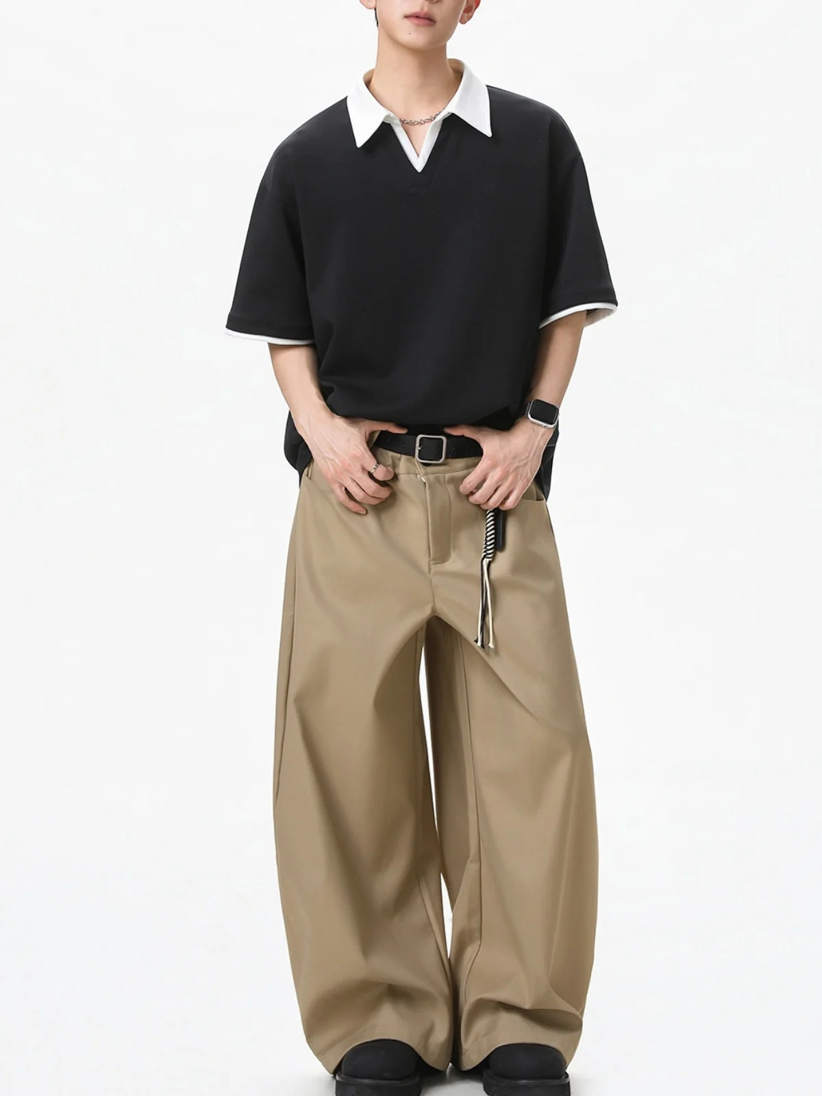 Layered-look Color-blocked Seagull Collar Polo Shirt - Image 7