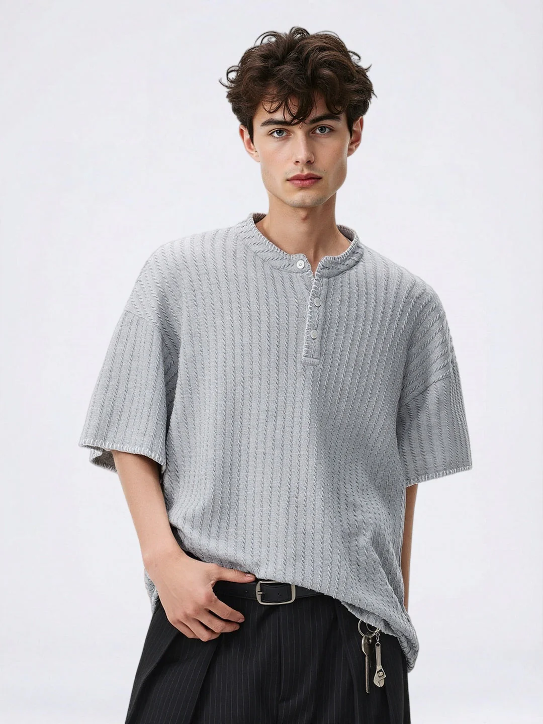 Color-blocked Henry's Collar Knitting T-shirts