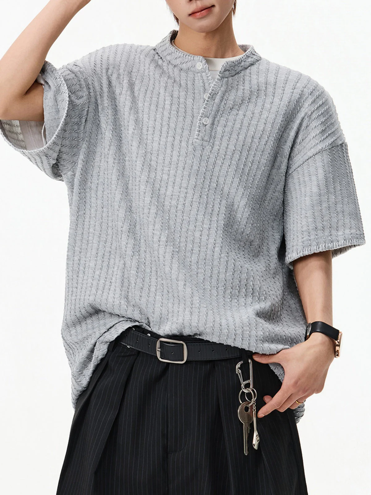 Color-blocked Henry's Collar Knitting T-shirts - Image 2