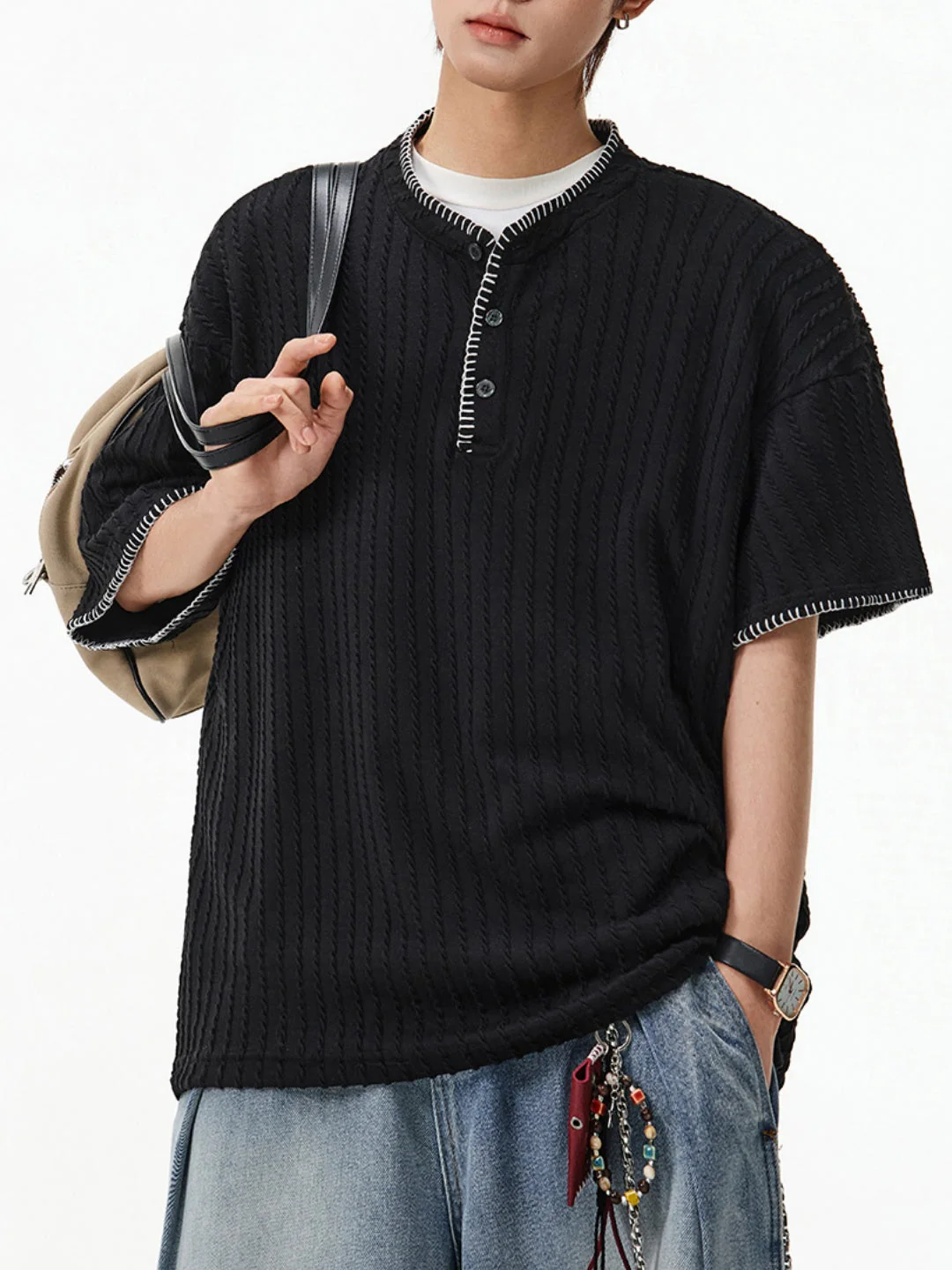 Color-blocked Henry's Collar Knitting T-shirts - Image 5