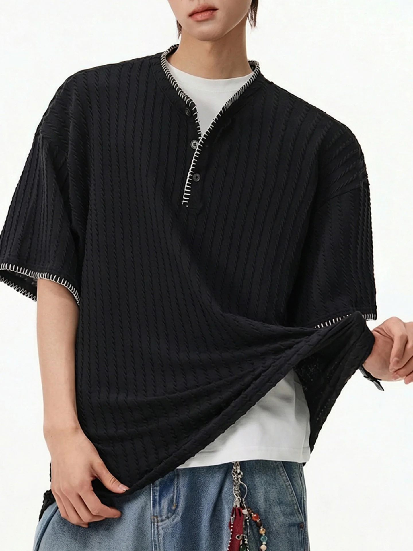 Color-blocked Henry's Collar Knitting T-shirts - Image 6