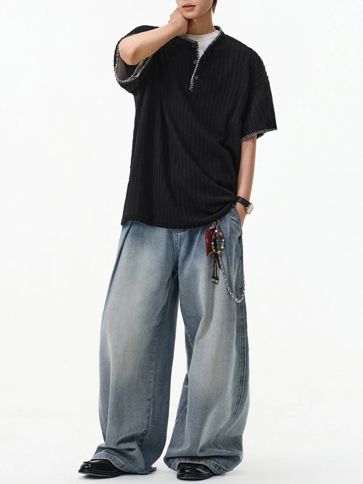 Color-blocked Henry's Collar Knitting T-shirts - Image 7