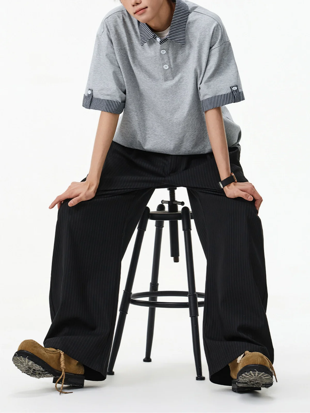 Color-blocked Layered-look Stripes Patchwork Polo Shirt - Image 2
