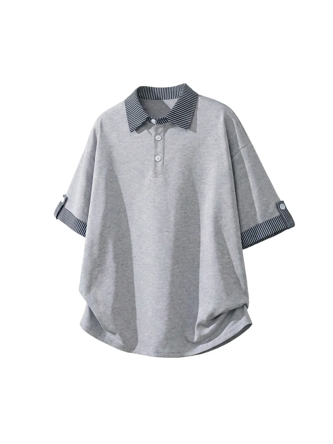 Color-blocked Layered-look Stripes Patchwork Polo Shirt - Image 3