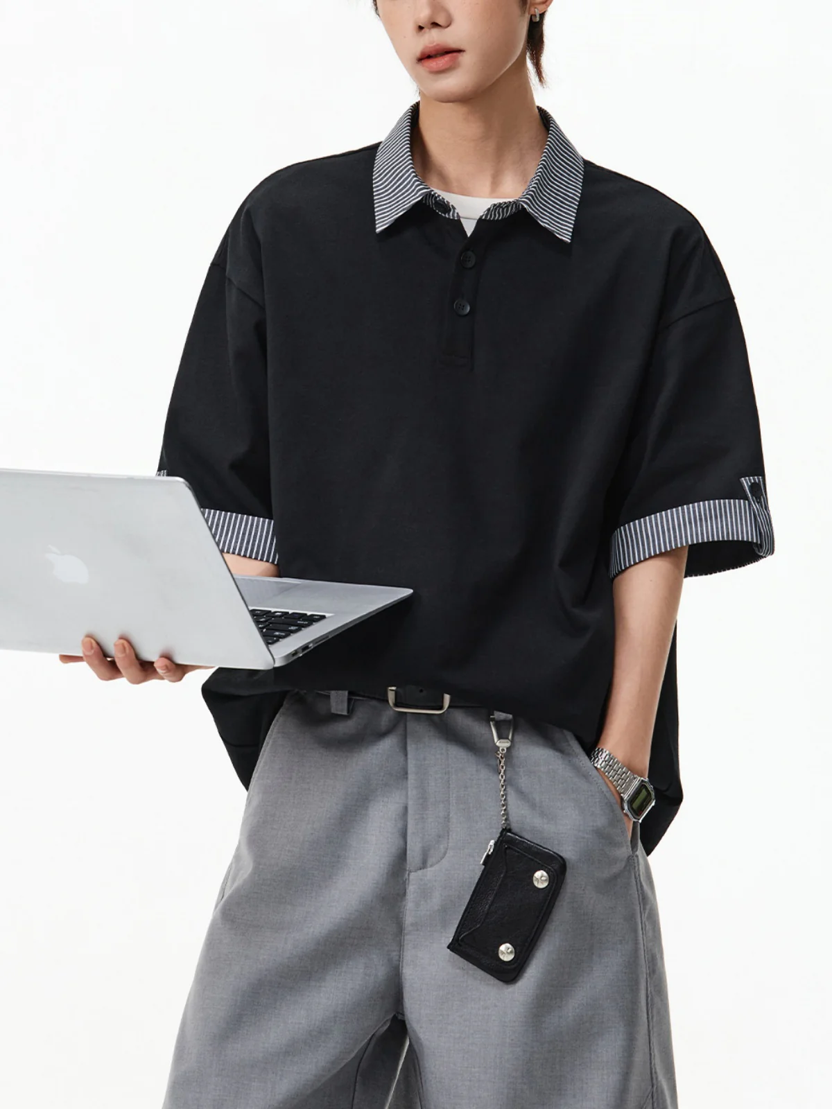 Color-blocked Layered-look Stripes Patchwork Polo Shirt - Image 4