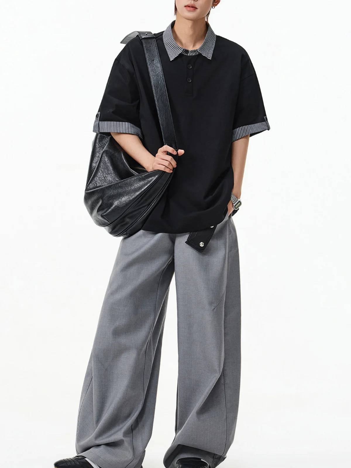 Color-blocked Layered-look Stripes Patchwork Polo Shirt - Image 5