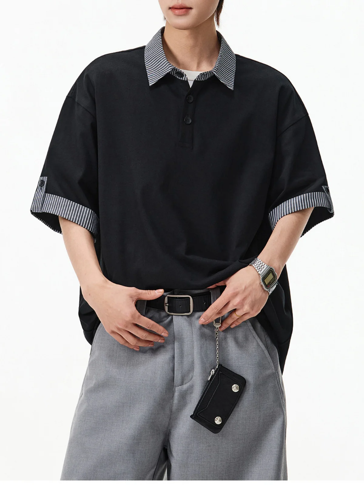 Color-blocked Layered-look Stripes Patchwork Polo Shirt - Image 6