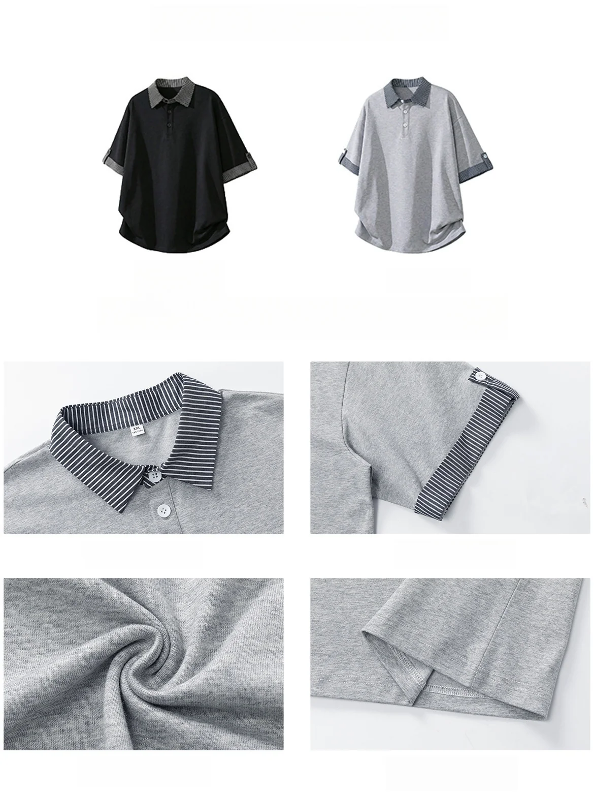 Color-blocked Layered-look Stripes Patchwork Polo Shirt - Image 8