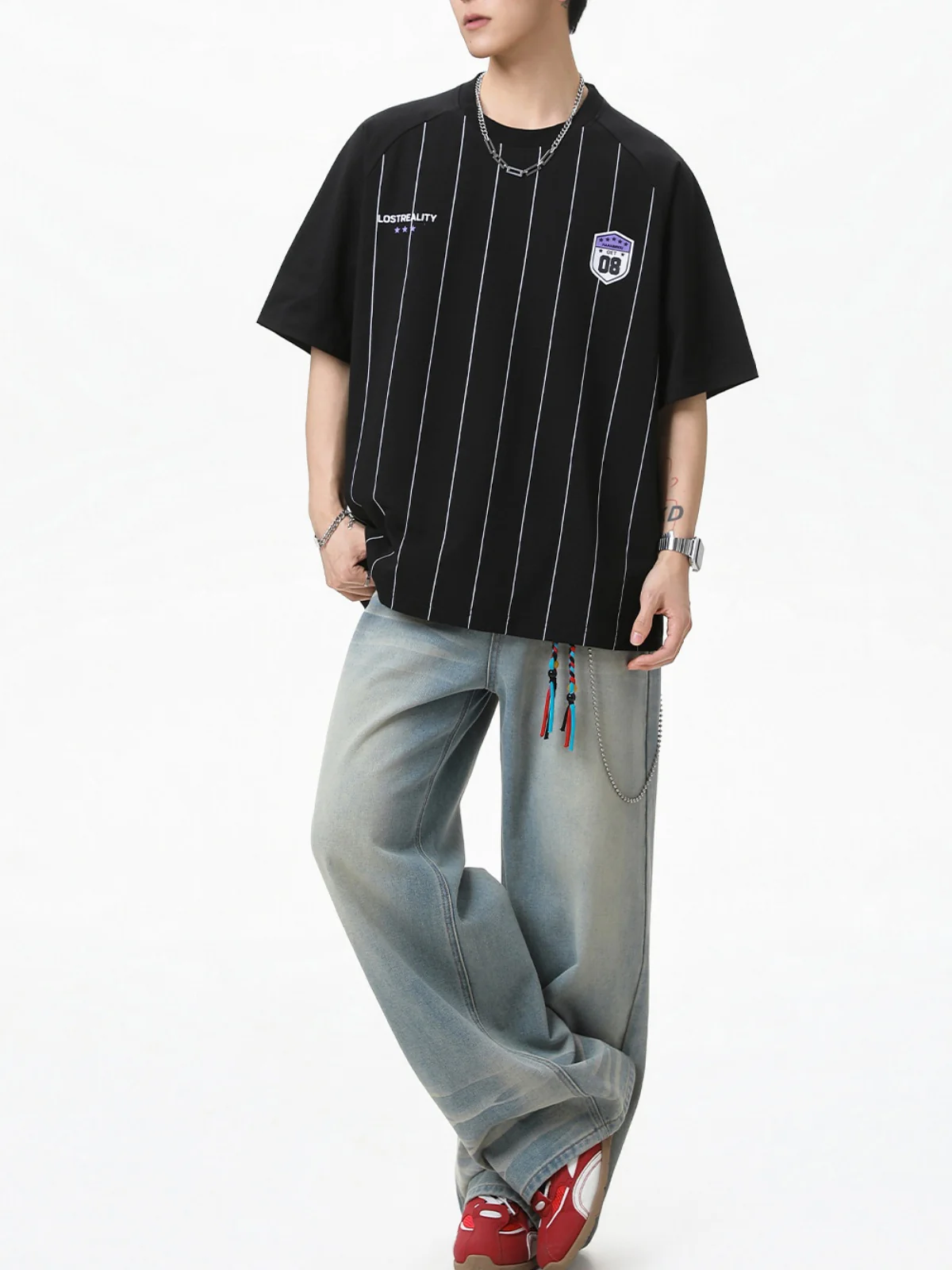 Printed Color-blocked Stripes Sports Loose-fit T-shirts - Image 2
