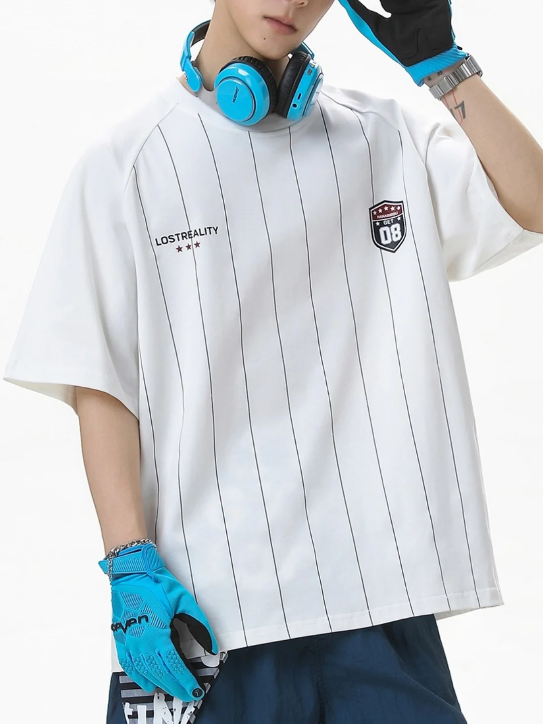 Printed Color-blocked Stripes Sports Loose-fit T-shirts - Image 5