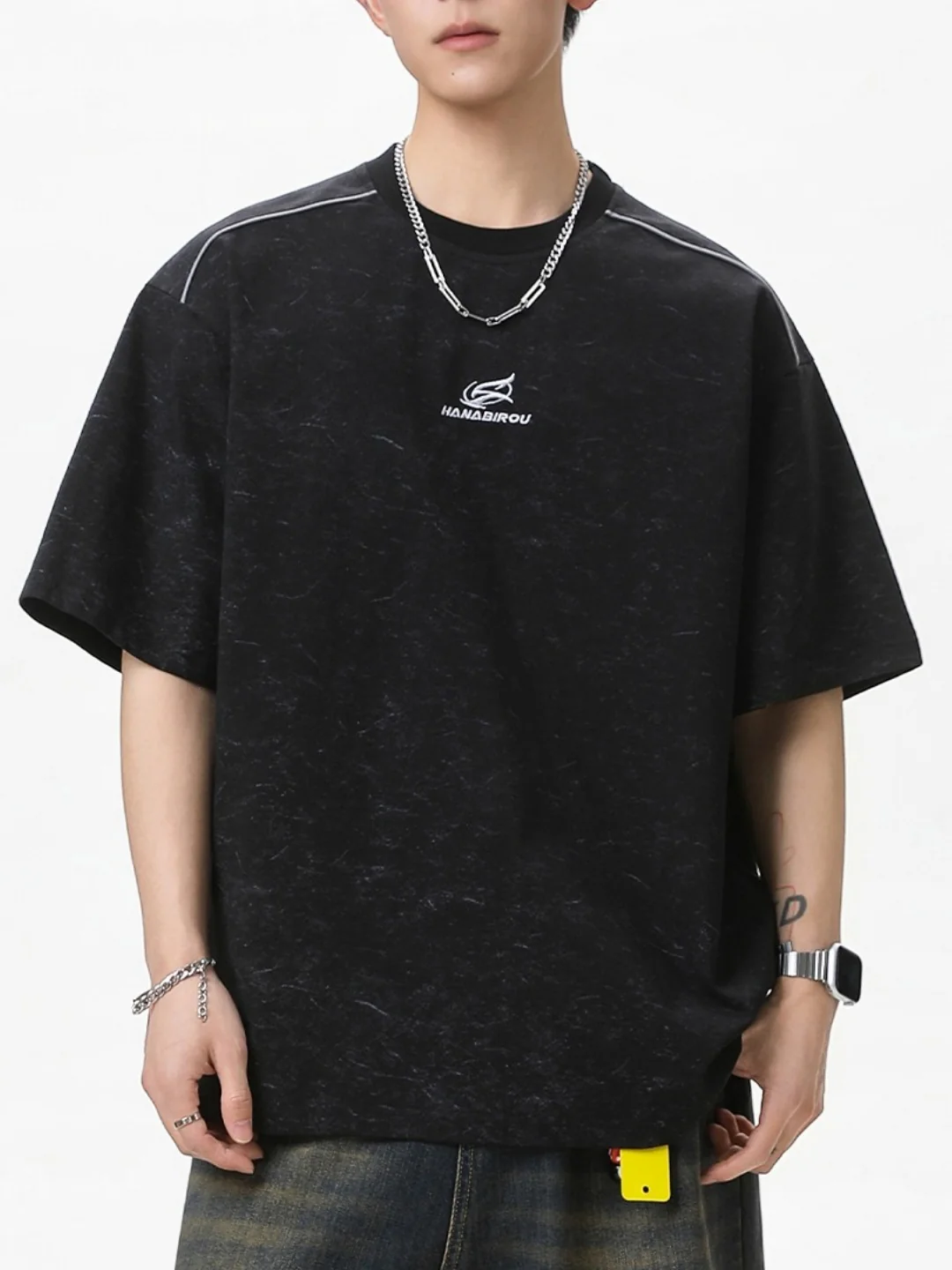 Reflective Strips Letter Applique Loose-fit Distressed T-shirts - Image 2