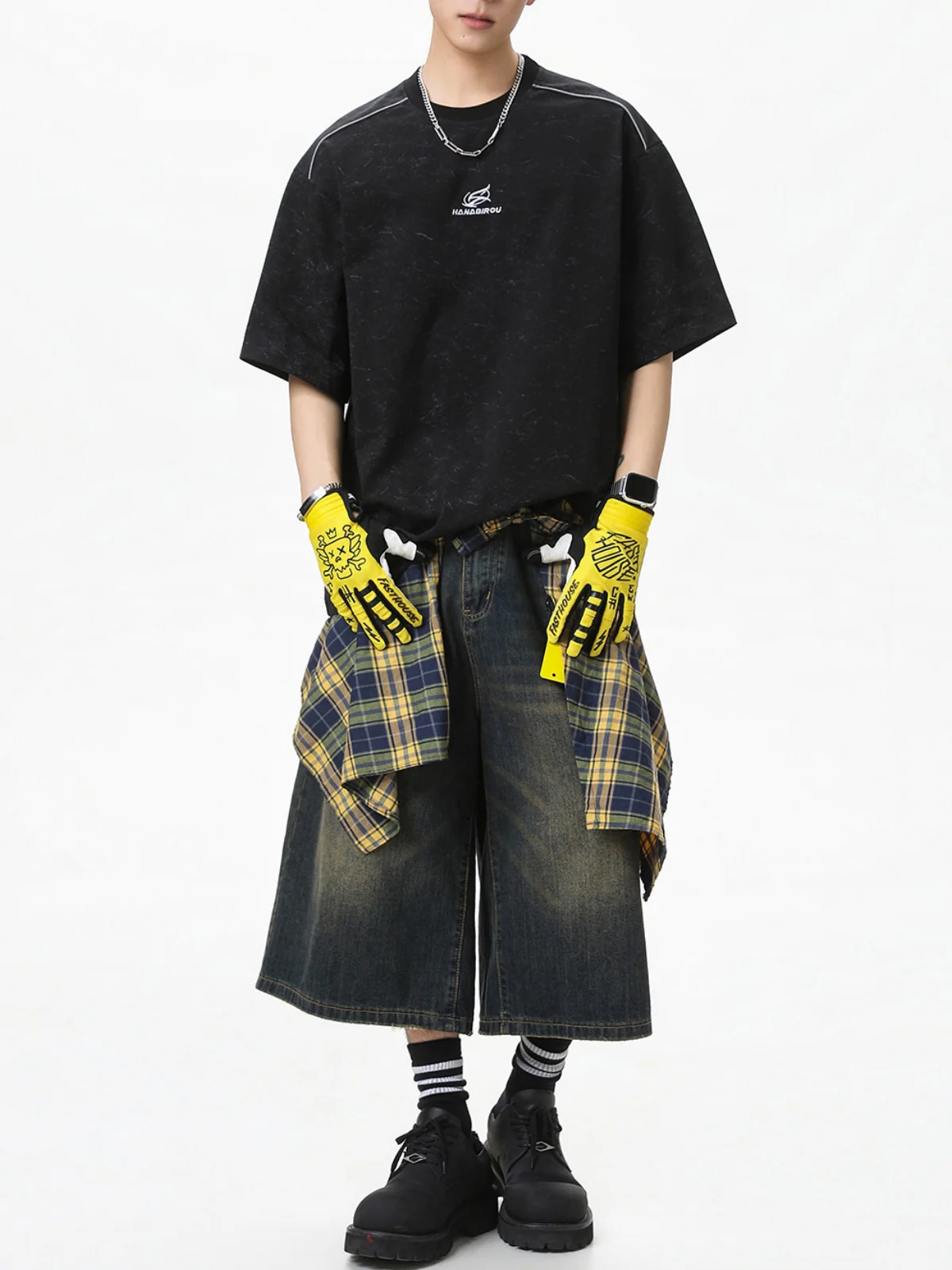 Reflective Strips Letter Applique Loose-fit Distressed T-shirts - Image 3