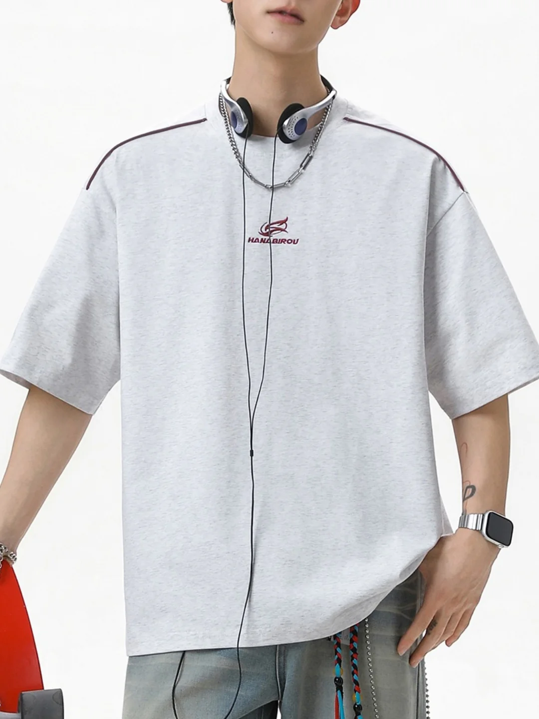 Reflective Strips Letter Applique Loose-fit Distressed T-shirts - Image 4