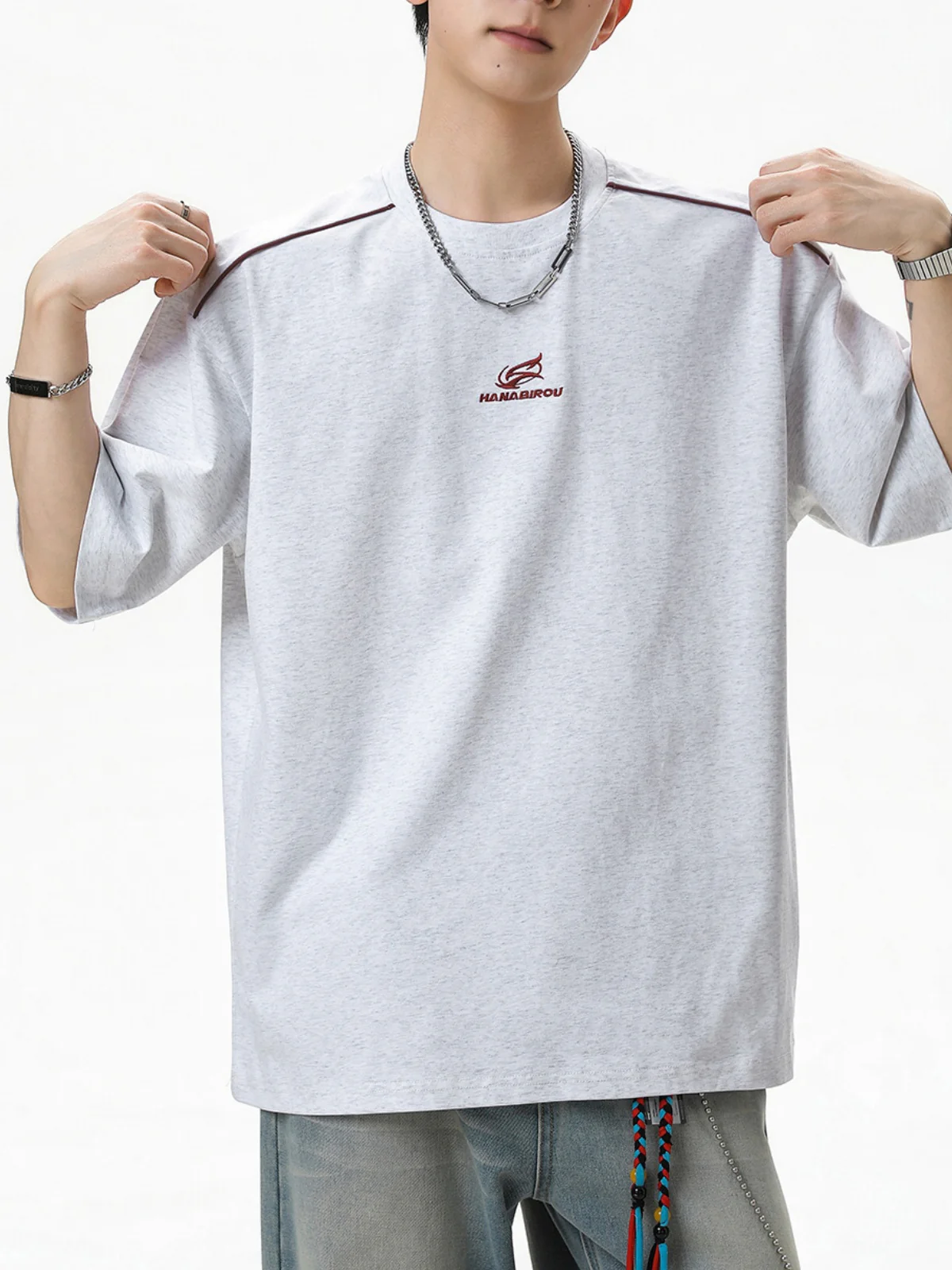 Reflective Strips Letter Applique Loose-fit Distressed T-shirts - Image 5