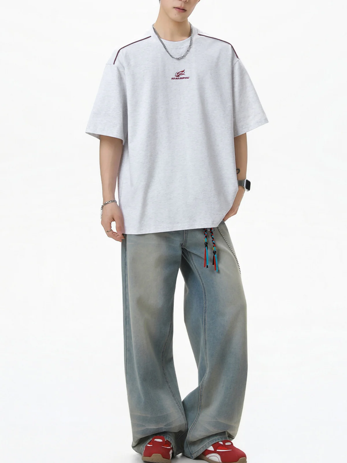Reflective Strips Letter Applique Loose-fit Distressed T-shirts - Image 6